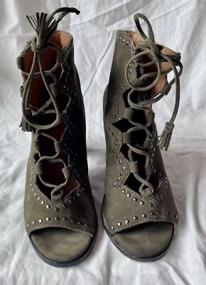 Frye Gabby Ghille Green Suede Lace Up 3 1/2 Block Heel - Image 1 of 4