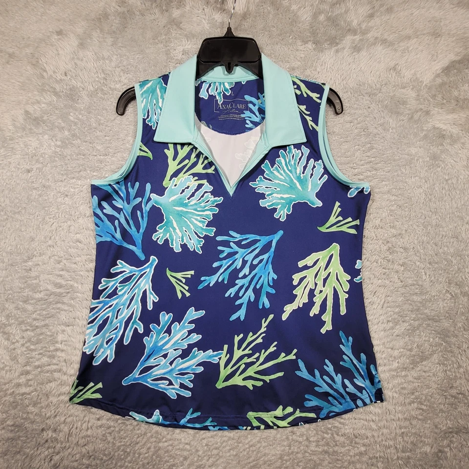 Camisa de golf Ana Clare Active para mujer grande azul estampado coral cuello en V sin mangas Foto 1 de 4