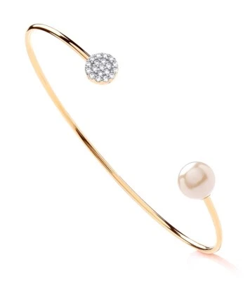 9ct Yellow Gold on Silver Pearl & CZ Ladies SOLID Torque Bangle Bracelet - Image 1 of 4