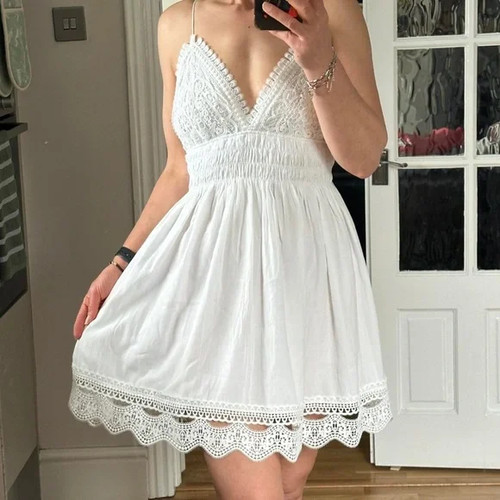 OFF WHITE Nuovo Zara Off White Pizzo Boho Mini Abito Babydoll Spaghetti Strap XS y531