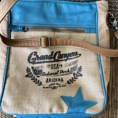 Myra Bag Grand Canyon Market Bag Leather Burlap Green Brown Deer Arizona - Image 1 of 4
