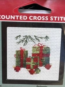 Plaid Wrapped Presents Christmas Ornament Counted Cross Stitch Kit & Frame NIP - Picture 1 of 7