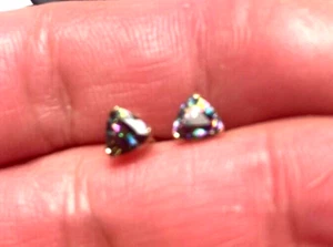 Trillion Cut Rainbow Mystic Topaz 14 kt Yellow Gold Earrings Solitaire Posts - Picture 1 of 9