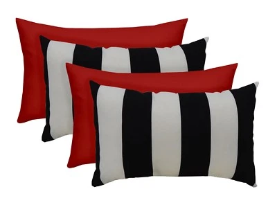 Set of 4~ Outdoor Black/White Stripe and Solid Red Rectangle Lumbar Pillows - Image 1 of 3