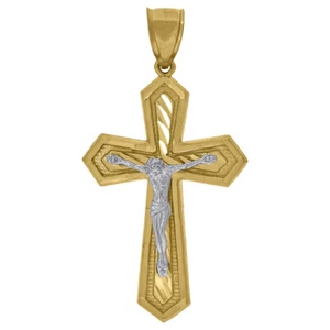 10k Two-Tone Gold Diamond-Cut Cross Crucifix Religious Charm Pendant 5.2gm - Picture 1 of 3