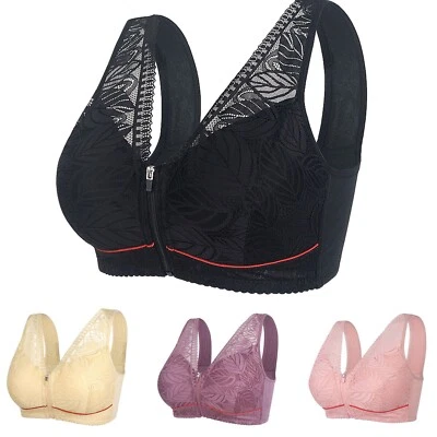 Women Sexy Lace Front Zipper Underwear Without Rims Vest Lace Plus Size Bra - Image 1 of 4