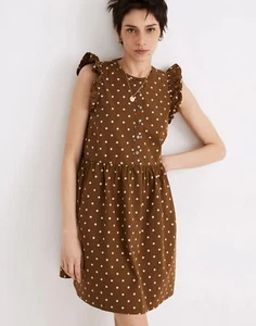Madewell Olive Brown Ruffle-Sleeve Button Front Mini Dress Polka Dot Cotton Sz 6 - Picture 1 of 24