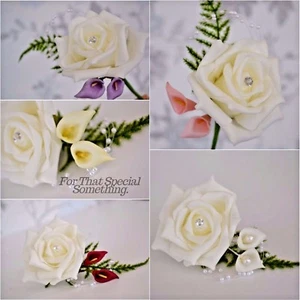 Calla lily buttonhole rose corsage bride groom pearls diamante wedding fern leaf - Picture 1 of 10