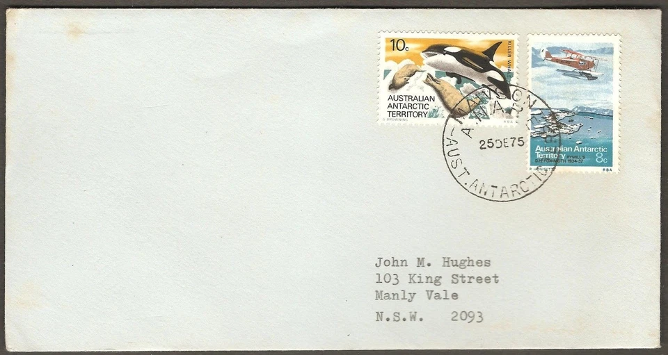 1975 AAT 5c Rymill's D.H. Fox Moth Plane & Killer Whale ANARE MAWSON Base Cover Foto 1 de 1