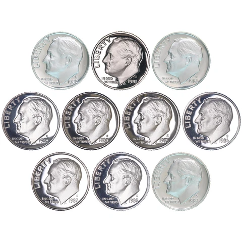 1980-1989 S Roosevelt Dime Gem DCam Proof Run 10 Coin Decade Set US Mint Lot Cover