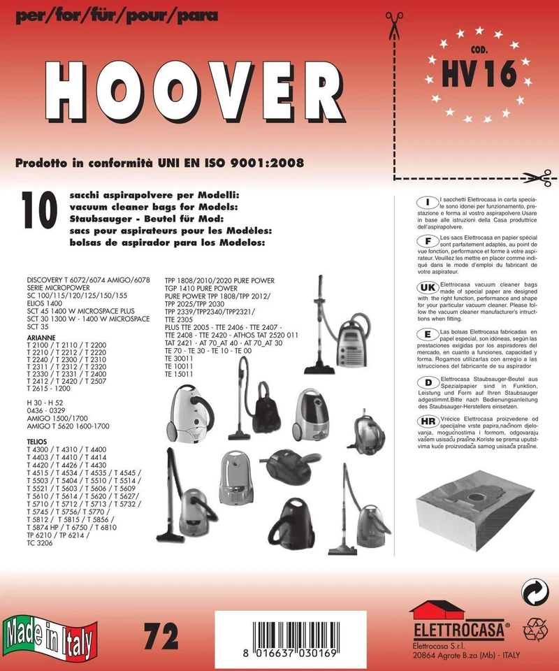 10 SACCHI BUSTE HOOVER COMPATIBILE CON TUTTI I MODELLI INDICATI NELLA FOTO