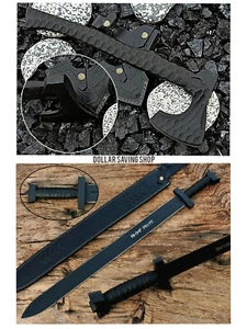 Combo of two Hand Forged High Carbon Steel Viking Sword and Axe, Black Edition. - Picture 1 of 10
