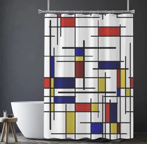 Shower Curtain Abstract Geometric Red Blue and Yellow Shower Curta Modern Art - Picture 1 of 7