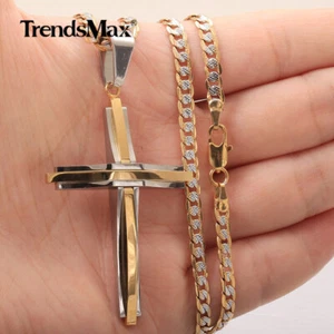 Silver+Gold Plated Stainless Steel Cross Pendant Necklace Curb Chain Women Men - Picture 1 of 10