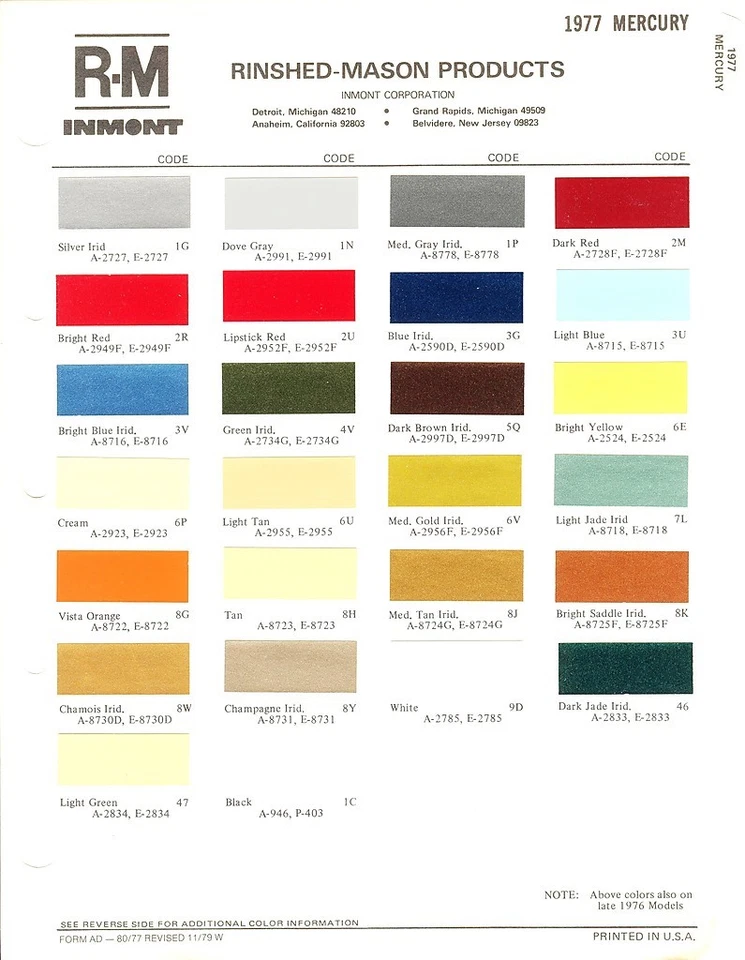 Mercury Bobcat Comet Cougar XR-7 1977 Marquis Monarch Montego astillas de pintura (R-M) Foto 1 de 1