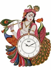 Wooden Antique Lord Krishna Wall Clock with Peacock Designer (12 x 16.5 in) - Picture 1 of 3