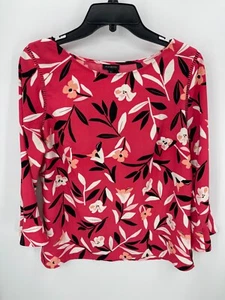 Talbots Top Womens Small Red Floral Boat Neck Ruffled Long Sleeve Artsy Boho - Picture 1 of 6