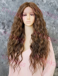 Light Brown/Blonde Long Loose Wavy Heat OK Lace Front Human Hair Blend Wig EVFD - Picture 1 of 10