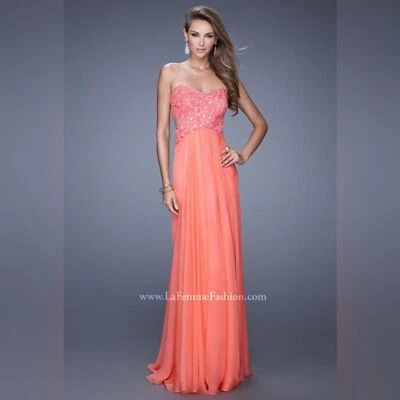 La Femme Hot Coral Chiffon Strapless Embellished Formal Prom Evening Gown - Image 1 of 4