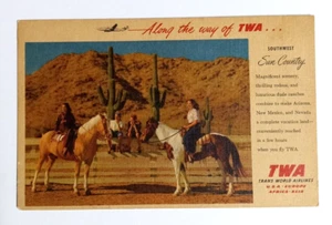 Cartolina TWA Southwest Horses Sun Country Trans World Airlines lino c1950s UNP - Foto 1 di 2