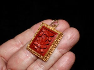 Antique Gilt Silver Ching Period Lacquer Cinnabar Pendant from China - Picture 1 of 17