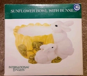International Bazaar Porcelain Yellow Sunflower Bowl with Two White Bunnies - Picture 1 of 8