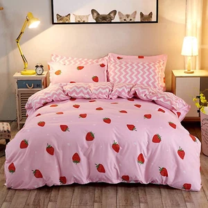 Sommer Obst Bettbezug Set Rosa Erdbeeren King Size Schöne Bettwäsche Set mit - Bild 1 von 5