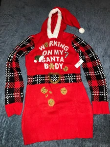 Ugly Christmas Sweater “Working on My Santa Body” Small Ladies Hooded Red New WT - Picture 1 of 8