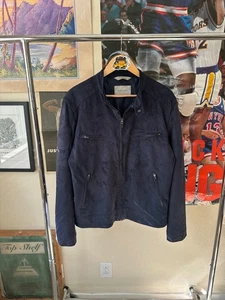 ZARA Man Moto Style Biker Jacket Size Large Blue Zipper Suede - Picture 1 of 5