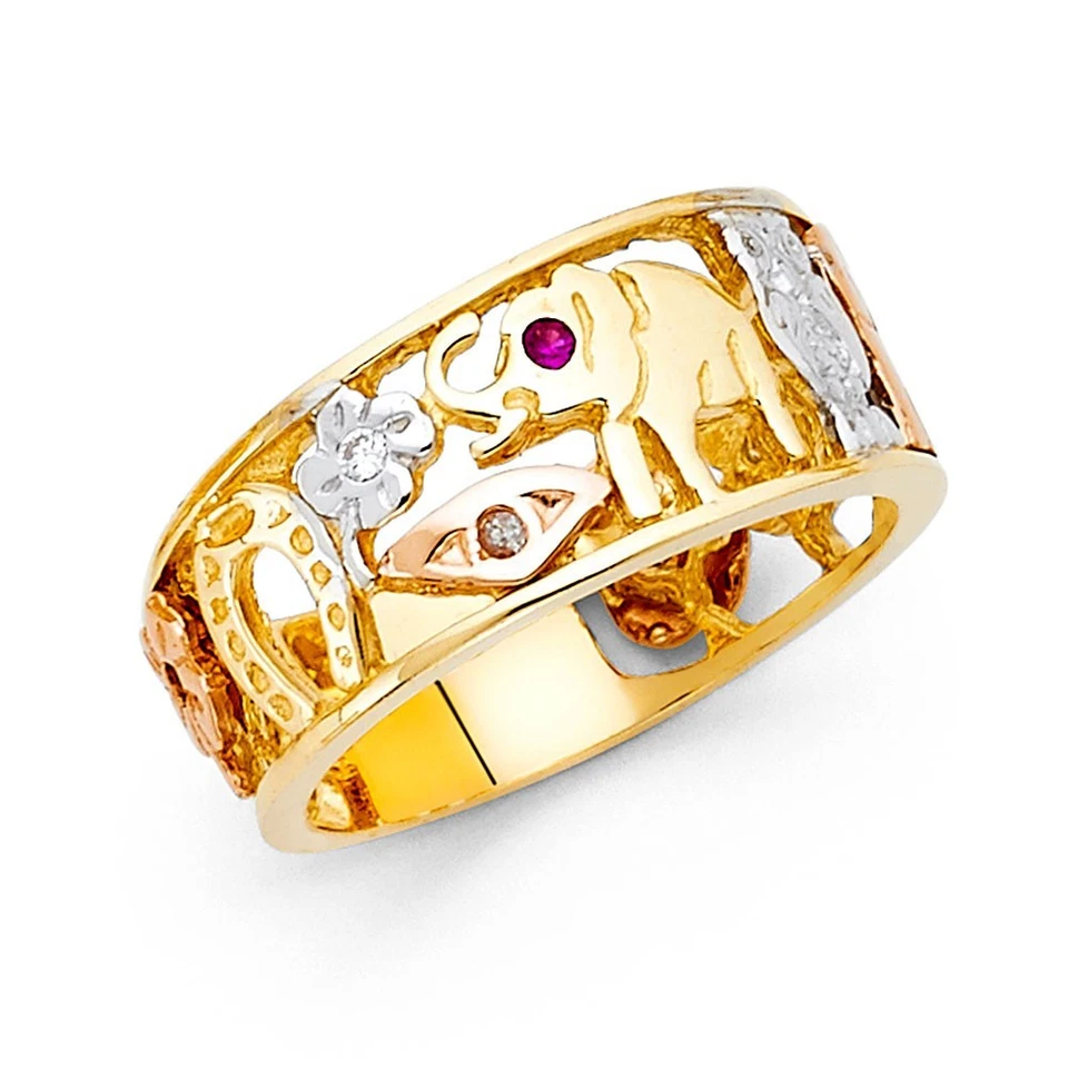 Anillo de elefante flor búho ojo de herradura oro 14k 3 colores circonita cúbica banda de la suerte para hombre Foto 1 de 1