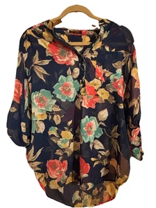 Depri Blouse Women L Blue Multicolor Floral Button-Up Semi Sheer Roll Tab Sleeve - Picture 1 of 7