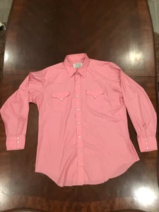 Vtg H Bar C Shirt Men Pink Western Rockabilly white Pearl Snaps 17 1/2 35 - Picture 1 of 7