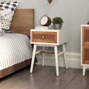 FUIN Hathorn 1-Drawer Fully-Assembled Modern Farmhouse Nightstand with Rattan D - Picture 1 of 9