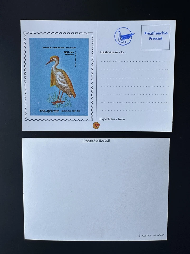 Madagascar 1986 ? Mi. Bl. 36 surcharge locale Entier Postal Carte Oiseau Héron - Photo 1/1