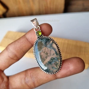 Unique Moss Agate & Peridot Gemstone Pendant 925 Sterling Silver Pendant PG5390 - Picture 1 of 5