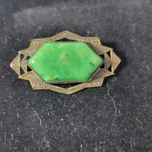 Victorian Green Stone Brass C-Clasp Brooch - Picture 1 of 6