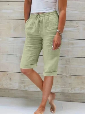 Womens Summer Cotton Linen Baggy Shorts Ladies Comfy Casual Knee Length Pants - Image 1 of 4