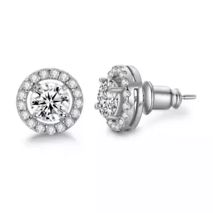 Sterling Silver Platinum Plated Cubic Zirconia Round Halo Stud Earrings Women E4 - Picture 1 of 6