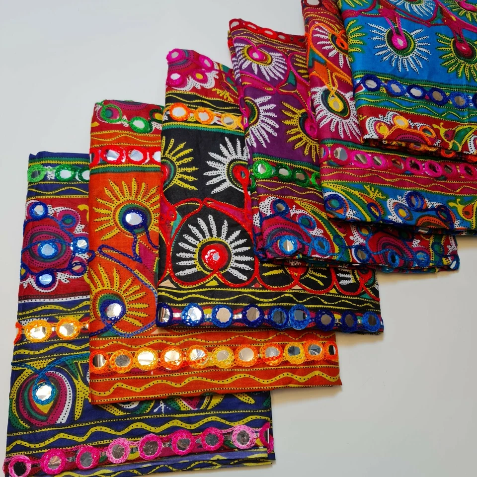 HOMECART Cotton Lawn Indian Ethnic Faux Mirror Embroidery Suzani Boho Banjara Fabric 44"