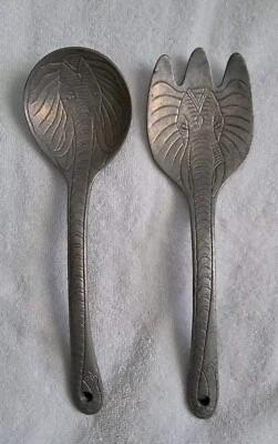 Vintage Elephant Design Serving Spoon & Fork Set Metal Aluminum Salad - Image 1 of 4