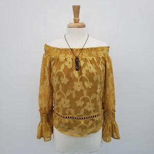 Willow & Clay Womens Floral Off Shoulder Bell Sleeve Top Size M Mustard Yellow - Picture 1 of 15