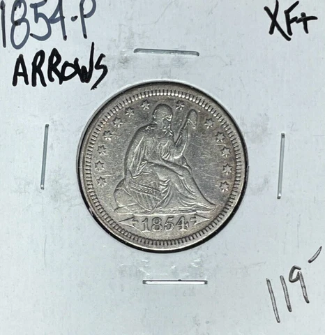 1854-P ARROWS SEATED LIBERTY SILVER QUARTER ~ XF+ ~NICE COIN~ Cover