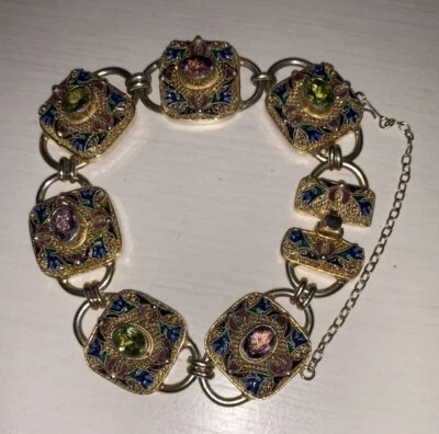 RARO Y HERMOSO BRAZALETE ANTIGUO CHINO PLATA ORO ESMALTE DORADO PIEDRAS PRECIOSAS Foto 1 de 4