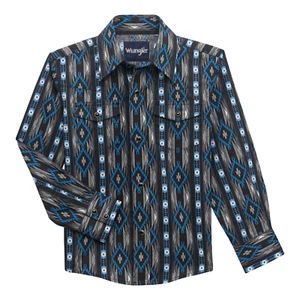 Wrangler Boy's Checotah Aztec Black Snap Button Down Shirt 112356535 - Picture 1 of 8