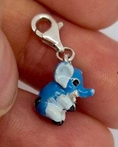 CLEARANCE Solid 925 Sterling Silver Blue Boy Baby Elephant Drop Charm Pendant - Picture 1 of 2
