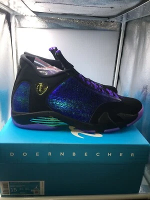 Air Jordan Retro 14 Doernbecher DS talla 15 con recibo negro corte púrpura cuervos Foto 1 de 4