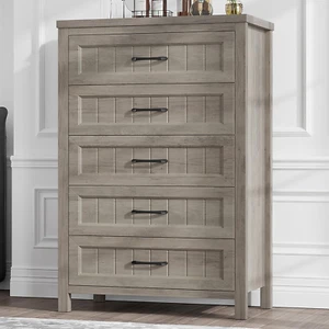 5 Drawer Dresser for Bedroom, Farmhouse Dresser with Deep Drawers, Tall Grey Dre - Picture 1 of 12