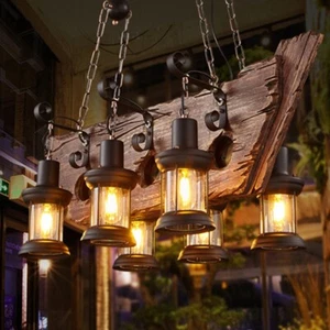 Vintage Wood Chandelier Pirate Ship Pendant Lamp Glass 6-Light Ceiling Fixtures - Picture 1 of 22