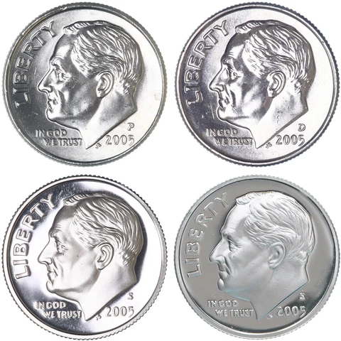 2005 P D S S Roosevelt Dime Year Set Silver & Clad Proof & BU US 4 Coin Lot Cover