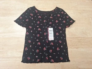 New Wonder Nation Girls Short Sleeve Rib Top Shirt Floral Mock Button ~S (6-6X) - Picture 1 of 3
